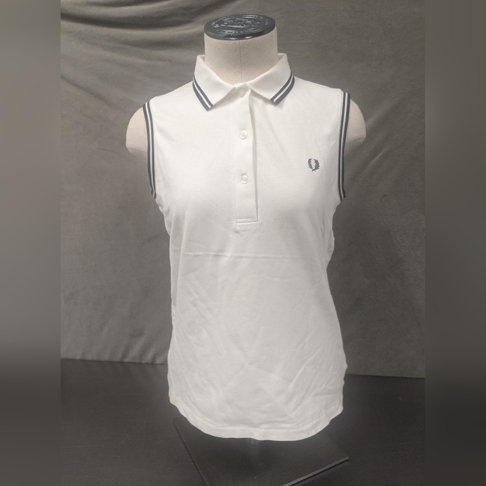 Fred Perry White Sleeveless Polo Top with Navy Trim